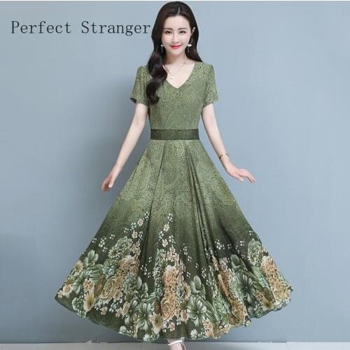 2021 Summer New Arrival M-3XL High Quality Hot Sale V Collar Flower Printed Women Dress Long Chiffon Dress