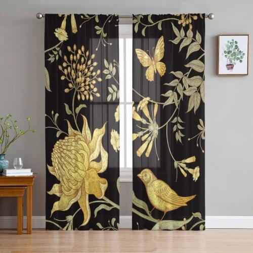 Golden Azalea Bird Butterfly Sheer Tulle Window Curtains For Living Room Bedroom Kitchen Veiling Curtain Home Decoration