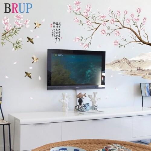 115*75cm Chinese Style Peach Tree Wall Stickers Bird Landscape Art Home Decor for Bedroom Beautiful TV Sofa Room Decoration