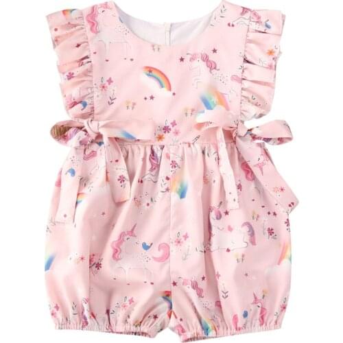 2020 Sweet Newborn Infant Baby Girl Rompers Cartoon Unicorn Print Playsuit Summer Pink Sleeveless Bow One Piece Jumpsuit 0-24M