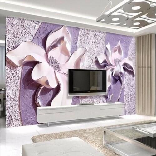 Beibehang 3D embossed wallpaper living room TV background wallpaper bedroom background photo murals purple magnolia wallpaper 3d