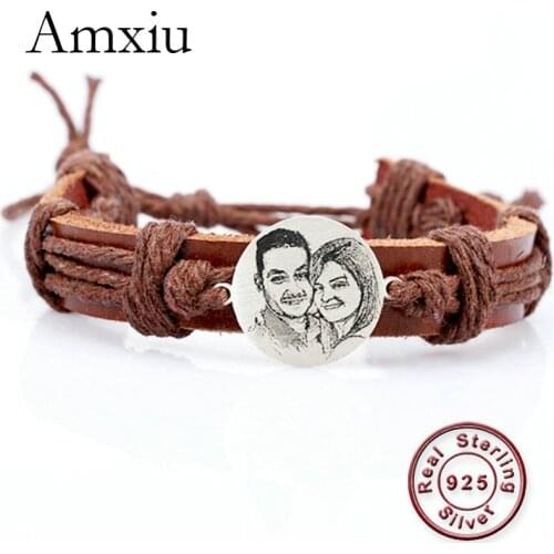 Amxiu Custom Photo Bracelet 925 Sterling Silver Jewelry Women Men Accessories Adjustable Leather Bracelets For Lovers Bijoux