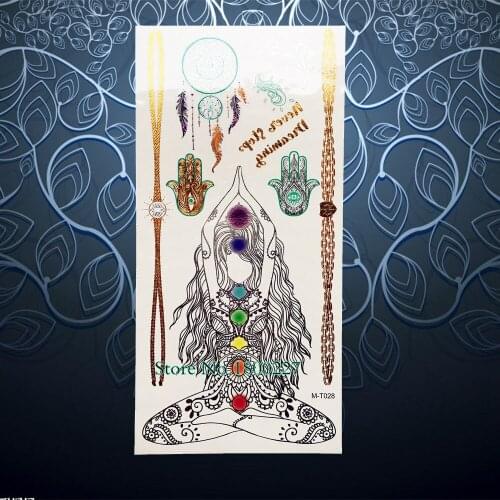 Beauty Girl Buddhist Designs Temporary Tattoo Gold Silver Dream Catcher Tattoo Stickers 21x10CM Women Body Art Sexy Tatoo Chains