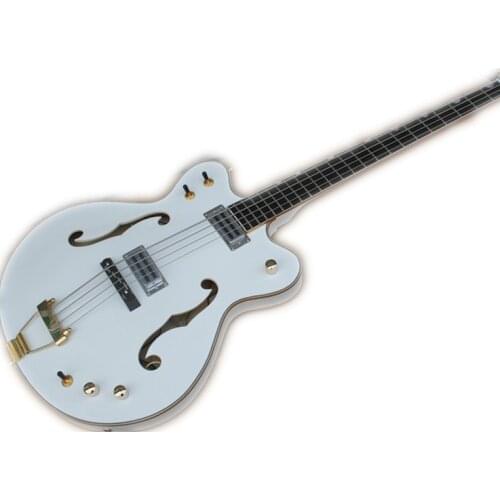 Free shipping 4 string 335 electric bass guitar,semi hollow body,golden binding fixed bridge,chrome buttons