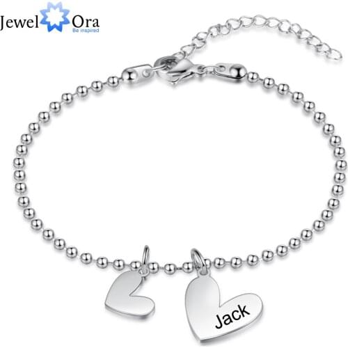 JewelOra Personalized Engraving Name Heart Charm Bracelet Stainless Steel Adjustable Chain Bracelets Gifts for Women Ladies