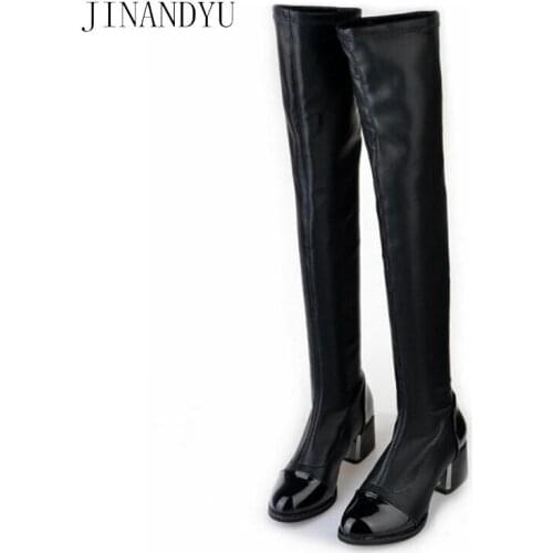 Black Leather Shoes High Heels Over The Knee Boots Ladies Sexy Shoes Chunky Heels Leather Boots Women High Heels Fashion Boot