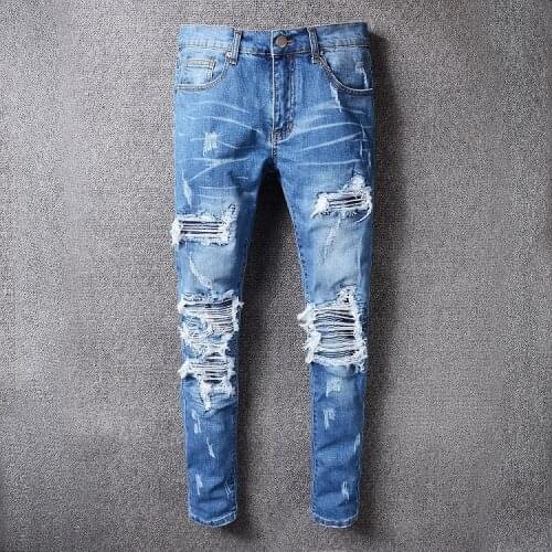 Biker Pant Jeans Homme Marque De Luxe High Street Skinny Jeans Men Trend Blue Ripped Jean Stacked Jean Hole Spijkerbroeken Heren