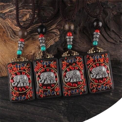 Ethnic Buddha Ganesha Elephant Pendant Necklace For Women Men Wooden Lucky Amulet Sweater Chain Necklace