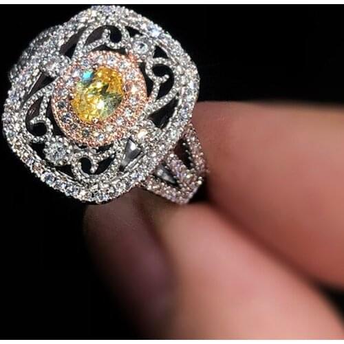 ZHOUYANG Vintage Rings For Women Princess Luxury Yellow Zircon Silver Color Statement Ring Retro Lace Bride Wedding Jewelry R663