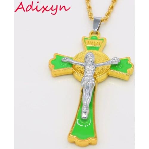 Adixyn INRI Green Stone Cross Jesus Necklaces for Women Two Tone Gold/Silver Color Pendant Crucifixion Religious Jewelry