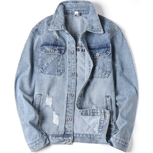 New denim jacket men spring autumn trend Jeans Coats light blue embroidered Outerwear youth Streetwear Casual Loose Tops