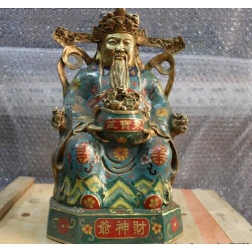 Copper Cloisonne Enamel Dragon Chair Mammon God Of Wealth Treasure Bowl Statue