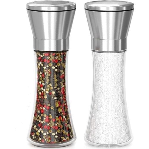Kitchen stainless steel Salt and Pepper Mill Shakers, Manual Sea Salt Mills, Adjustable Ceramic Pepper Grinder with Glass Body