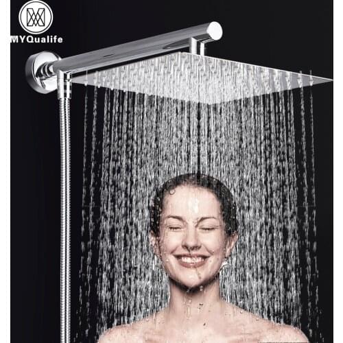 MYQualife Free Shipping 10 inch Rainfall Squre Ultrathin Shower Head Bathroom Showerhead Stainless Steel Hose Wall Mounted