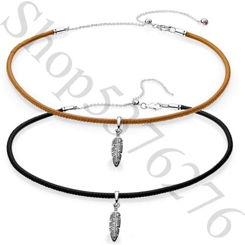 Authentic 925 Sterling Silver Leather Feather Fashion Choker Pendant Necklace Fit Pandora Women Bead Charm Gift DIY Jewelry