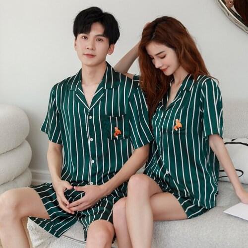 Green Striped Couple Pajamas Set Summer New Shirt&Shorts Lovers 2PCS Sleepwear Faux Silk Pijamas Suit Lapel Loungewear