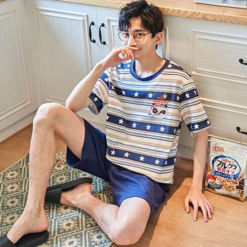 Cotton Men Pajamas Set Summer O-Neck Loose Short Sleeve Plus Size Stripe Mens Homewear Fashion Korean Blue Cartoon Sleepwear