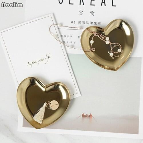 NOOLIM Nordic Golden Heart-shaped Jewelry Plate Stainless Steel Ring Earring Necklace Storage Tray Mini Tray Decorative Props