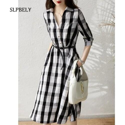 SLPBELY Women Elegant Plaid Dress With Belt Summer French Retro High Waist V Neck Half Sleeve Party Dress Female Casual Dress