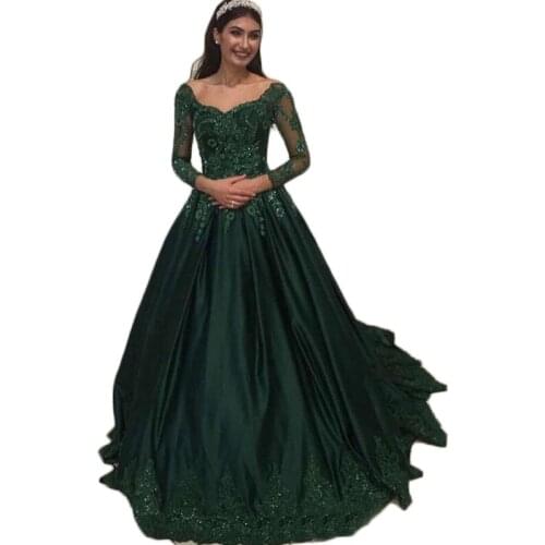 Luxury Dark Green Long Sleeves A Line Evening Dresses 2020 Illusion V-neck Appliques Beaded Plus Size Formal Party Prom Gowns