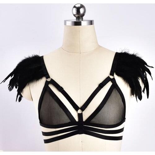 Black Feather Body Harness Sexy Lace Body Cage Bralette 90s Crop Tops Bodysuit See Through Bondage Bra Gothic Cupless Underwear