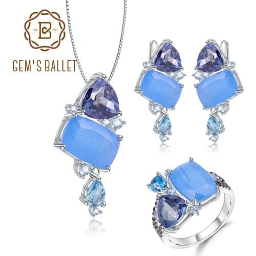 GEMS BALLET Natural Aqua-blue Calcedony Candy Fine Jewelry 925 Sterling Silver Ring Earrings Pendant Jewelry Sets For Women