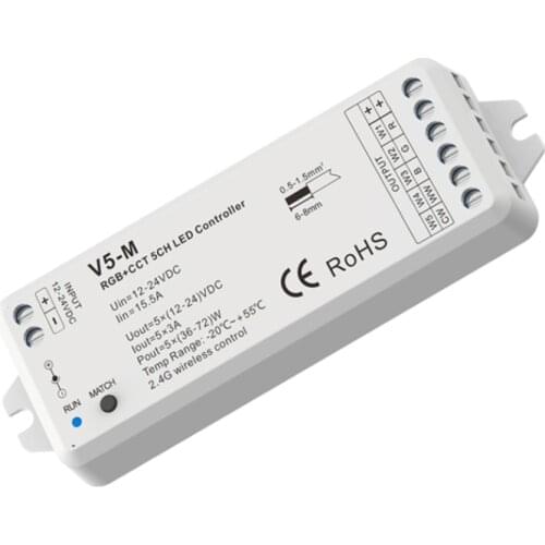 Skydance V5-M Receptor; Constant Voltage Wireless Receiver;12V-24V Input;3A 5 Channel Output LED Single CCTRGB Strip Controller