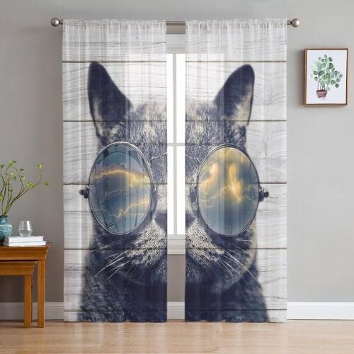 Cat With Sunglasses On Wooden Board Texture Sheer Curtains for Living Room Tulle for Windows Voile Yarn Short Bedroom Curtains
