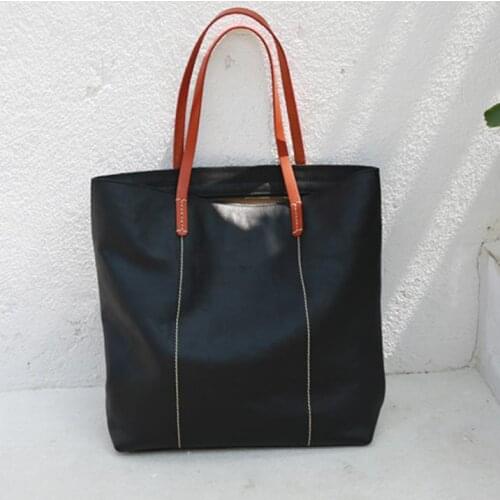 2019 new color contrast tote bag genuine leather original large capacity upright cow leather one-shoulder handbag for ladies