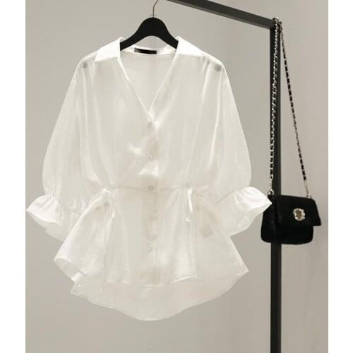 Womens Tops and Blouses Solid White Chiffon Blouse Office Shirt 2021 Summer 3/4 Sleeve Single-breasted Women Shirts Clothes XY5