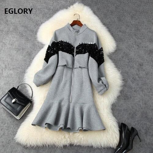 One Piece Dress 2020 Autumn Style Women Batwing Sleeve Sequined Beading Deco Long Sleeve Casual Grey Black Zipper Dress Mermaid