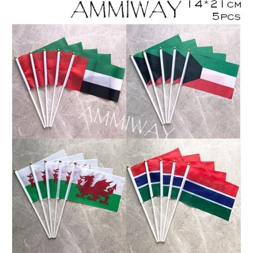 AMMIWAY 14x21cm 5pcs United Arab Emirates Kuwait Hand National Flag with Pole Waving Flag Wales Gambia Small Country Hand Flags
