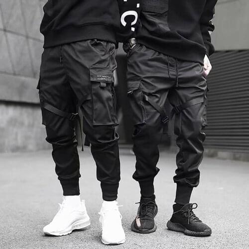 New Hip-Hop Jogger Mens Pants Fashion Drawstring Multi Pockets Straps Ankle Tied Cargo Pants Long Trousers