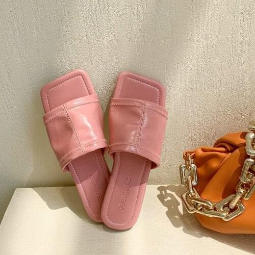 WEIBATE Designer Slippers Women Shoes Square Toe Womens Slippers Quality PU Leather Ladies Summer Slides Flats Open Toe Slippers