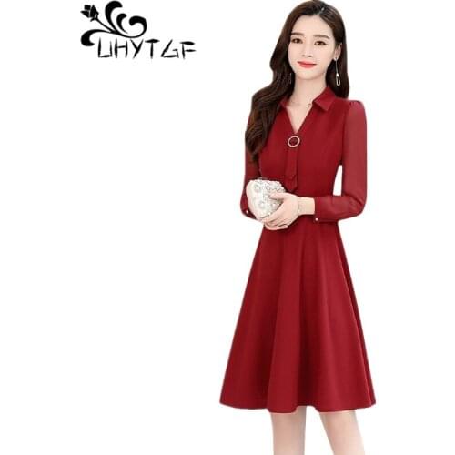 UHYTGF elegant dress women long-sleeved pullover spring dress women fashion high waist slim evening party dresses plus size 1394