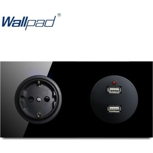 Wallpad EU German Socket With 2 USB Charger 5V 2400MA Crystal Tempered Pure Black Glass Panel Wall Power Socket Outlet