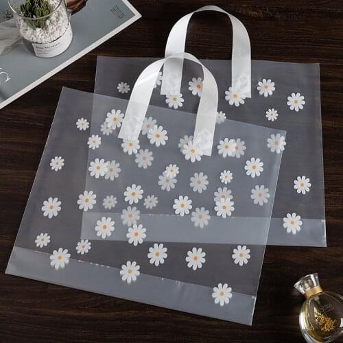 Hot Sale Transparent Daisy Plastic Bag Clothing Shopping Bag With Handle Wedding Favor Gift Bag Universal Packaging Tote 50pcs