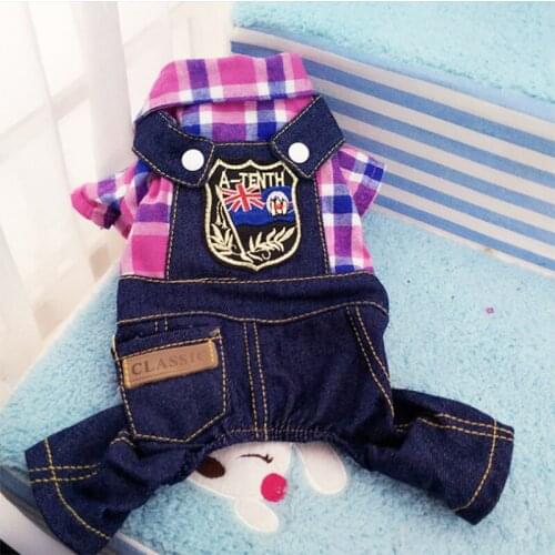 Pet Plaid Denim Jumpsuit Clothes Puppy Cat and Dog Jeans Clothing Four-leg Strap Cowboy Teddy Fight Jean Coat