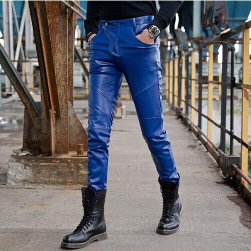 Korean personality fashion slim motorcycle faux leather pants mens feet pants pu trousers for men pantalon homme autumn winter