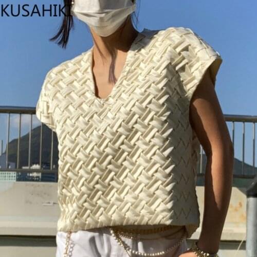 KUSAHIKI Fashion Elegant Weave Short Sleeve T Shirts Causal V-neck Korean Woman Tshirt 2021 Summer New Graphic Tees Female 6J233