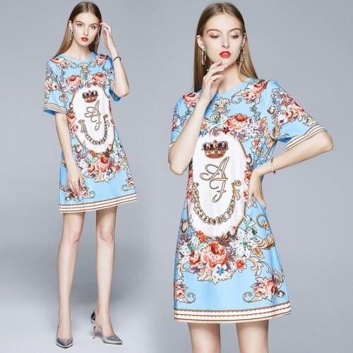Summer Runway Vintage Floral Print Crew Neck Short Sleeve Empire Waist Women Ladies Party Casual Party A-Line Mini Shift Dress
