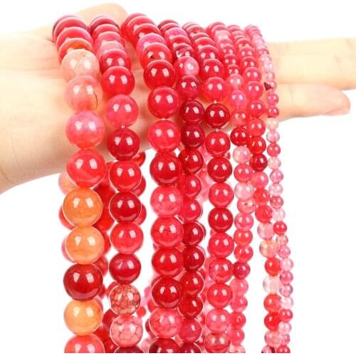 Natural Stone Smooth Rose Red Veins Agates Round Loose Spacer Bead For Jewelry Making DIY Bracelet Necklace Strand 4/6/8/10/12MM