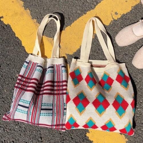 New Wool Knitted Shoulder Shopping Bag for Women 2021 Vintage Fashion Cotton Cloth Girls Tote Shopper Bag Large Female Handbag