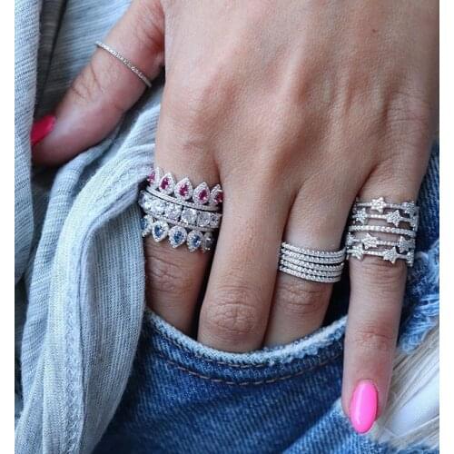 Silver color engagement ring for women colorful water drop cubic zirconia Cz eternity band Crown shape fashion rings