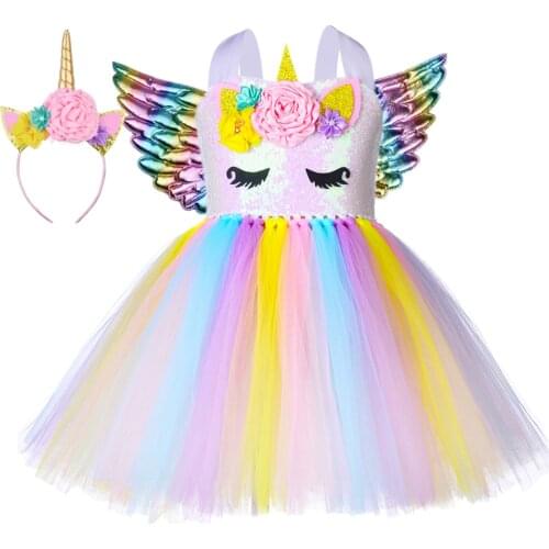Pastel Unicorn Dress for Girls Birthday Party Outfit Baby Girl Tulle Princess Tutu Dress Kids Halloween Carnival Unicorn Costume