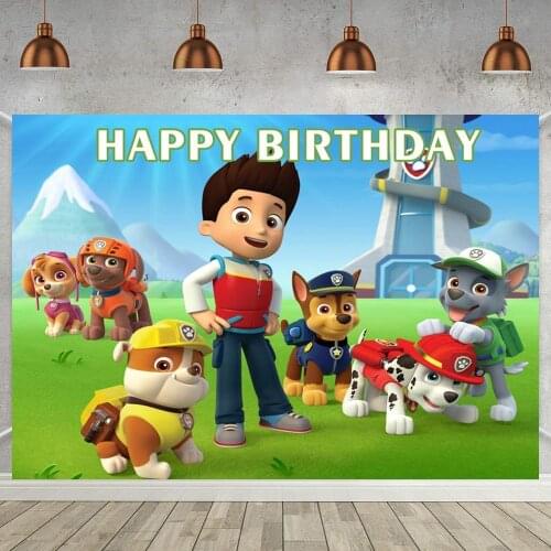 Ryder Family Dogs Blue Sky Cartoon Backdrop Photography For Table Decor Patrol Theme Kids Birthday Party Photo Background Poster