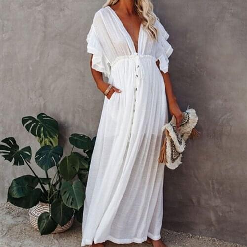 Sexy Bikini Cover-ups Long White Tunic Casual Summer Beach Dress Elegant Women Beach Wear Swim Suit Cover Up