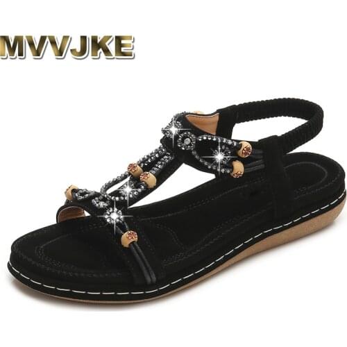 MVVJKE Women Sandals 2019 New Flat Sandals Women Summer Bohemia Style Rhinestone Comfortable Beach Shoes Women Plus
