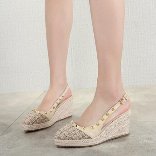 Womens Platform Wedges Sandals 2021 New Summer Pointed Rivet PVC Straw Woven Thick-soled High-heeled Shoes Women