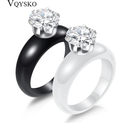 Black & White Ceramic Female Rings Stainless Steel Anti Allergies Love Rings For Women Round Zircon Rings Ceramic Jewelry